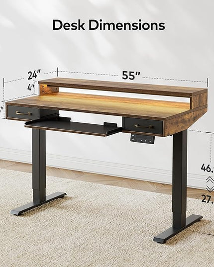 FEZIBO 55 x 24 Inch Height Adjustable Electric Standing Desk with Double Drawers&Keyboard Tray, Stand Up Desk with LED Strips, Sit Stand Desk with Monitor Stand, Rustic Brown - LeafyLoom