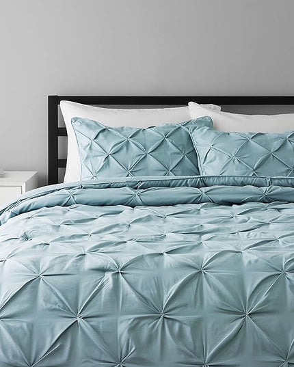 Amazon Basics All-Season Down-Alternative 3 Piece Comforter Bedding Set, King, Spa Blue, Pinch Pleat With Piped Edges - LeafyLoom