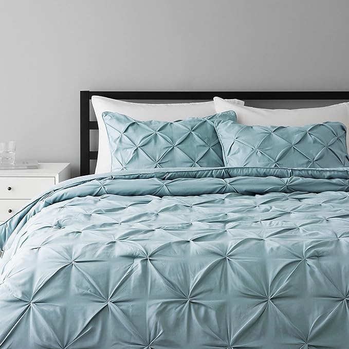 Amazon Basics All-Season Down-Alternative 3 Piece Comforter Bedding Set, King, Spa Blue, Pinch Pleat With Piped Edges - LeafyLoom