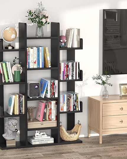 Aheaplus Bookshelf, Tree-Shaped Bookcase Storage Shelf with 13 compartments, Books Organizer Display Cube Shelves, Industrial Free Floor Standing Wood Open Bookshelves, Black - LeafyLoom