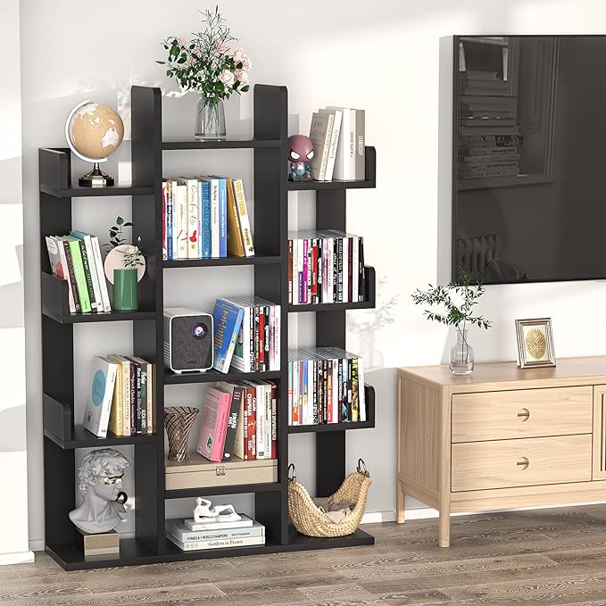Aheaplus Bookshelf, Tree-Shaped Bookcase Storage Shelf with 13 compartments, Books Organizer Display Cube Shelves, Industrial Free Floor Standing Wood Open Bookshelves, Black - LeafyLoom