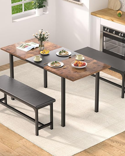 VECELO 3-Piece 63" Extendable Kitchen Table with Benches/Chairs, Modern Breakfast Dinette/Dining Room Set for 4/6/2, Small Space Saving Design, Easy Assembly, Brown - LeafyLoom