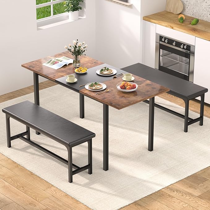 VECELO 3-Piece 63" Extendable Kitchen Table with Benches/Chairs, Modern Breakfast Dinette/Dining Room Set for 4/6/2, Small Space Saving Design, Easy Assembly, Brown - LeafyLoom