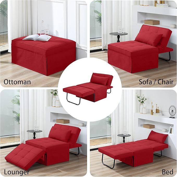 Sofa Bed, 4 in 1 Multi-Function Folding Ottoman Breathable Linen Couch Bed with Adjustable Backrest Modern Convertible Chair for Living Room Apartment Office,Red - LeafyLoom