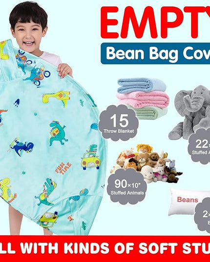 Lukeight Stuffed Animal Storage Bean Bag Chair Cover for Kids, Dinosaur Zipper Beanbag Chair Cover for Organizing Toddler & Kids' Rooms Plush Toys (Dino Blue, X-Large) - LeafyLoom