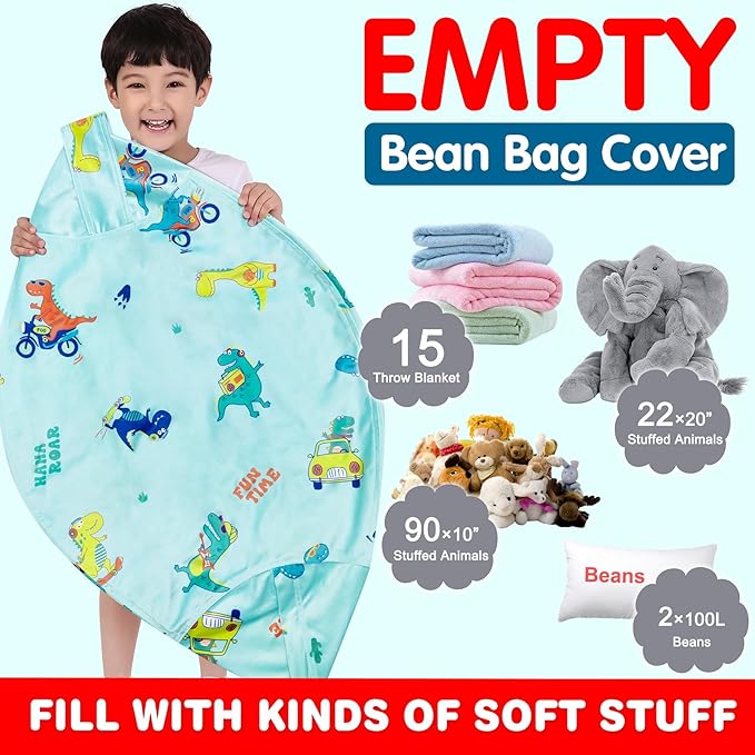 Lukeight Stuffed Animal Storage Bean Bag Chair Cover for Kids, Dinosaur Zipper Beanbag Chair Cover for Organizing Toddler & Kids' Rooms Plush Toys (Dino Blue, X-Large) - LeafyLoom