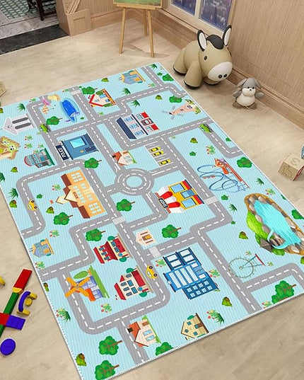 Kids Car Rug, 3' 3" x 5' 3" City Life Traffic Road Playmat for Toy Cars Trains, Non-Slip Race Track Carpet Educational Fun Area Rugs for Boy and Girl Bedroom Nursery - LeafyLoom
