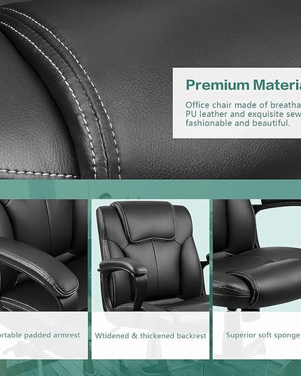 Executive Office Chair Swivel Task Seat with Ergonomic Mid-Back, Waist Support, PU Leather, Black - LeafyLoom