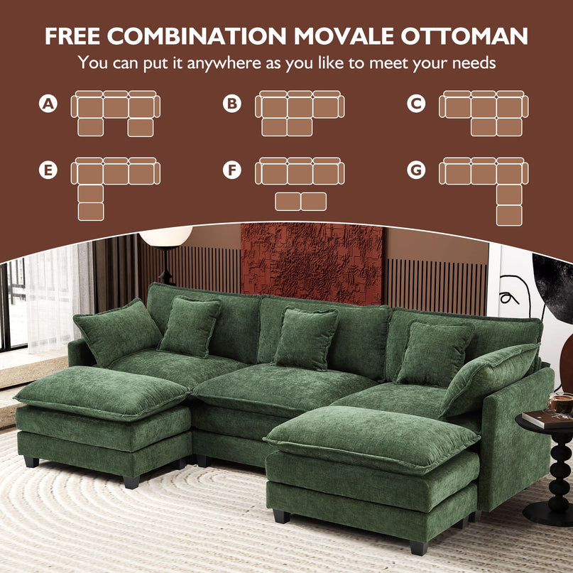 Ihanherry 111.4" L Shaped Modern Sofa Modular Sectional Cloud Couch with Ottoman, 4-Seat Chenille Deep Seat Sofa with Pillow for Living Room, Bedroom and Apartment, Beige LeafyLoom