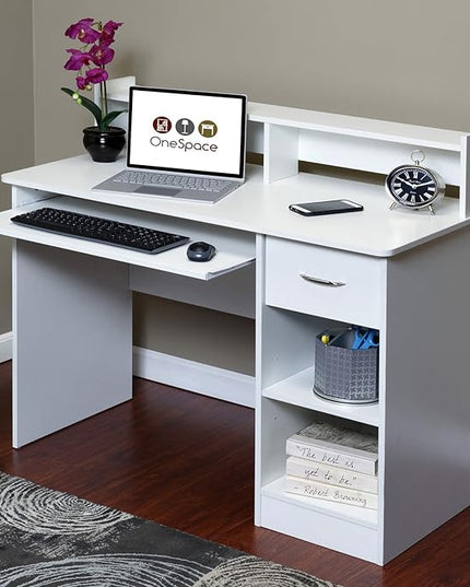 OneSpace Essential Computer Desk, Hutch with Pull-Out Keyboard, White - LeafyLoom