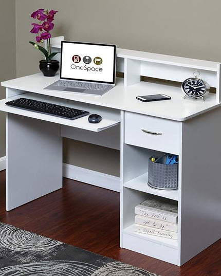 OneSpace Essential Computer Desk, Hutch with Pull-Out Keyboard, White - LeafyLoom