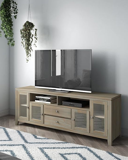 SIMPLIHOME Cosmopolitan SOLID WOOD Universal TV Media Stand, 72 inch Wide, Contemporary, Living Room Entertainment Center with Storage, for Flat Screen TVs up to 80 inches in Distressed Grey - LeafyLoom