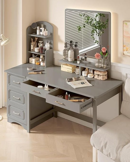 4NM 39.4" Small Desk with Wood Drawers, Home Office Computer Desk with Wooden Legs, Study Writing Table Vanity Desk for Small Spaces - Gray - LeafyLoom