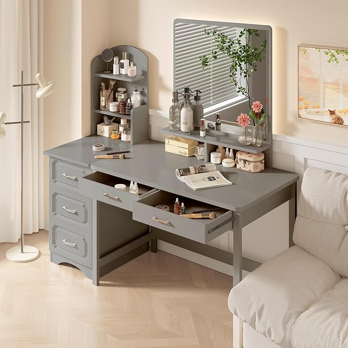 4NM 39.4" Small Desk with Wood Drawers, Home Office Computer Desk with Wooden Legs, Study Writing Table Vanity Desk for Small Spaces - Gray - LeafyLoom