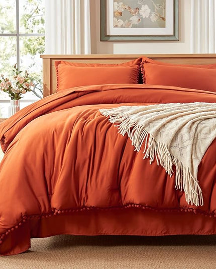 Anluoer King Comforter Set 7 Piece, Burnt Orange Bed in a Bag with Sheets, Pom Pom Boho Bedding Comforter Sets with 1 Comforter, 2 Pillow Shams, 2 Pillowcases, 1 Flat Sheet, 1 Fitted Sheet - LeafyLoom