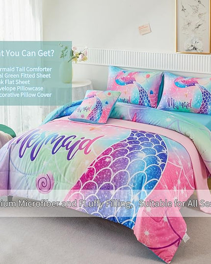 RYNGHIPY Mermaid Queen Girls Bedding Set, Colorful Rainbow Kids Girls Comforter Set with Sheets Soft and Lightweight, 6 Pieces Teen Girls Bed in a Bag - LeafyLoom