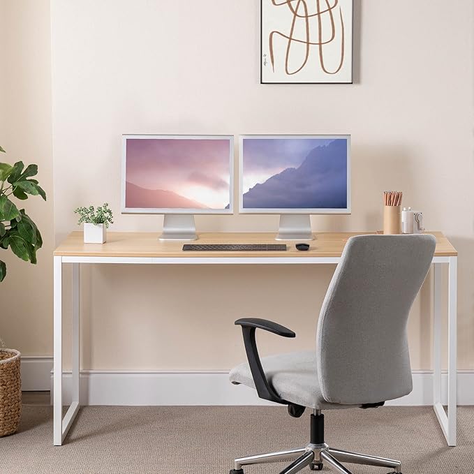 ZINUS Jennifer 63 Inch White Frame Desk / Computer Workstation / Office Desk / Easy Assembly, Natural - LeafyLoom