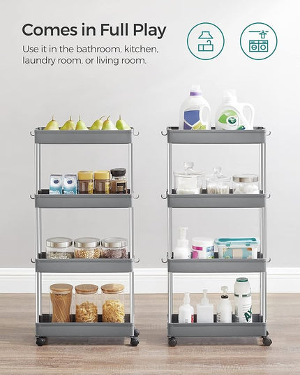 SONGMICS Slim Storage Cart, 4-Tier Rolling Cart, Narrow Utility Cart on Wheels, 6 Hooks, 360° Swivel Wheels, Lockable, Steel Frame, Bathroom, Kitchen, Office, Dove Gray UKSC010G01 - LeafyLoom