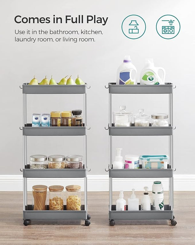 SONGMICS Slim Storage Cart, 4-Tier Rolling Cart, Narrow Utility Cart on Wheels, 6 Hooks, 360° Swivel Wheels, Lockable, Steel Frame, Bathroom, Kitchen, Office, Dove Gray UKSC010G01 - LeafyLoom