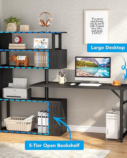 Rotating Computer Desk L-Shaped Office Desk with 5 Shelves Bookcase, Reversible Writing Desk Study Table with Wheels for Home Office, Black - LeafyLoom