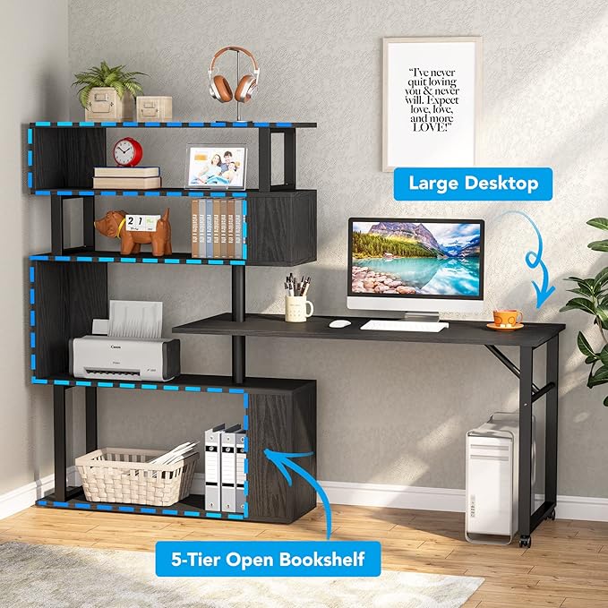 Rotating Computer Desk L-Shaped Office Desk with 5 Shelves Bookcase, Reversible Writing Desk Study Table with Wheels for Home Office, Black - LeafyLoom