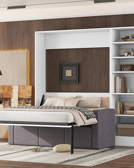 Merax, White Full Size Murphy Bed Wallbed with Sofa,Side Storage Shelves,Space Saving,for Guest Living Room - LeafyLoom