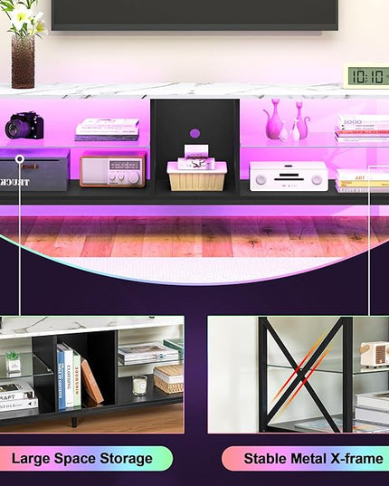 Clikuutory 63 Inch Marble Texture TV Stand with LED Lights for 40 50 55 60 65 70 Inch TVs, 3Tier Modern Metal Television Stands with Entertainment Center and Storage for Living Room, Bedroom, White - LeafyLoom