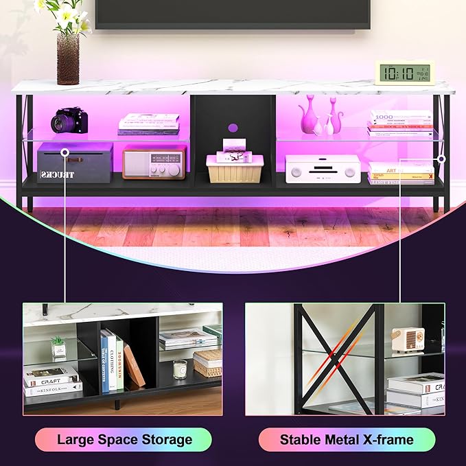 Clikuutory 63 Inch Marble Texture TV Stand with LED Lights for 40 50 55 60 65 70 Inch TVs, 3Tier Modern Metal Television Stands with Entertainment Center and Storage for Living Room, Bedroom, White - LeafyLoom