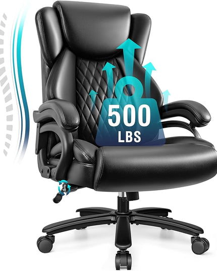 Big and Tall Office Chair 500lbs, Heavy Duty Executive Desk Chair with Adjustable Lumbar Support, Comfy Padded Cushion, Ergonomic PU Leather Home Computer Chair with Extra Wide Seat, Black - LeafyLoom