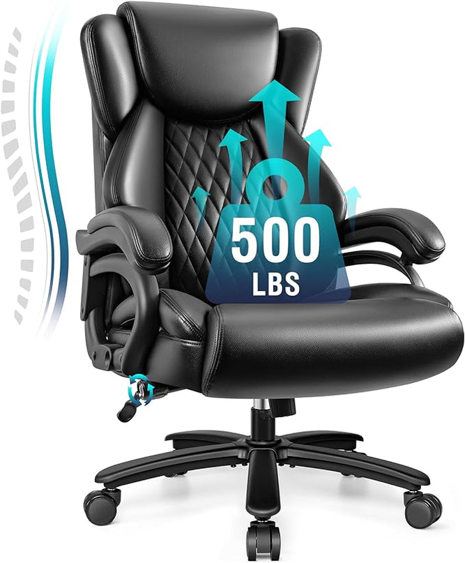 Big and Tall Office Chair 500lbs, Heavy Duty Executive Desk Chair with Adjustable Lumbar Support, Comfy Padded Cushion, Ergonomic PU Leather Home Computer Chair with Extra Wide Seat, Black - LeafyLoom
