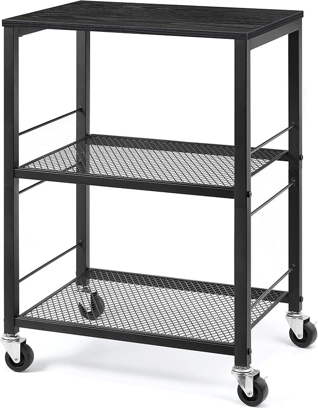 LIANTRAL 3 Tier Rolling Cart, Black Kitchen Carts on Wheels with Storage, Multifunctional Utility Cart for Kitchen Bathroom Living Room Bar Office - LeafyLoom