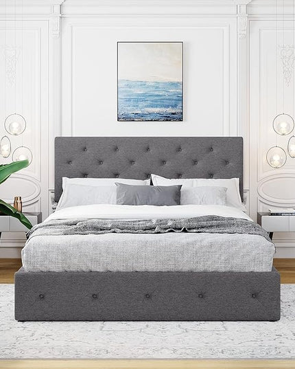 Queen Size Upholstered Platform Bed with Hydraulic Storage System, Lift Up Storage Bed Full Size with Headboard and Button Tufted, Wooden Bedframe for Teens Adults - LeafyLoom