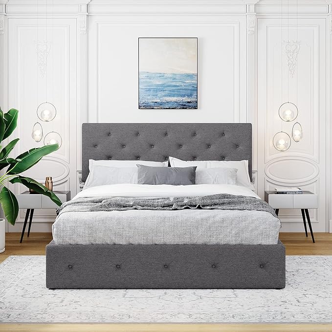 Queen Size Upholstered Platform Bed with Hydraulic Storage System, Lift Up Storage Bed Full Size with Headboard and Button Tufted, Wooden Bedframe for Teens Adults - LeafyLoom