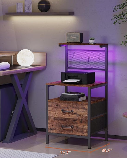 Tall Nightstand Set of 2 with Charging Station and LED Lights, Night Stand with Fabric Drawers, Bedside Table 36.4 Inch with Storage Shelves, Side Table, Mesh Shelves with Hooks, Rustic Brown - LeafyLoom