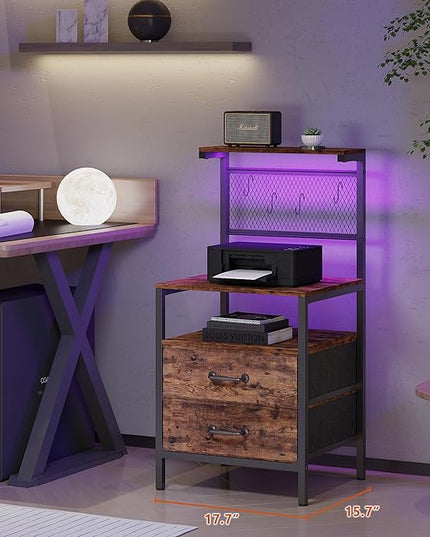Tall Nightstand with Charging Station and LED Lights, Night Stand with Fabric Drawers, Bedside Table 36.4 Inch with Storage Shelves, Side Table, Mesh Shelves with Metal Hooks, Rustic Brown - LeafyLoom