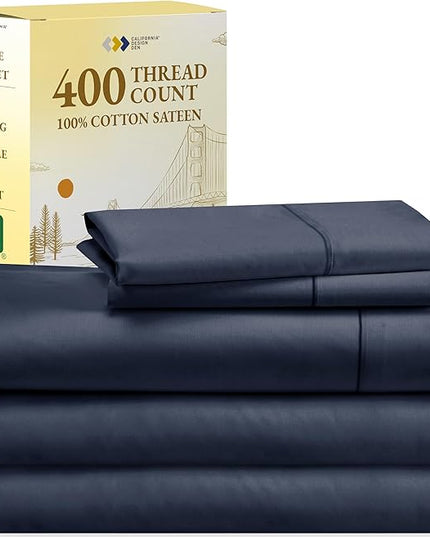 Split King Sheets for Adjustable Bed, Soft 100% Cotton Sheets, 400 Thread Count Sateen, 5 Pc Set - 2 Twin-XL Fitted Sheets, Deep Pocket Sheets, Cooling Sheets, Beats Egyptian Cotton (Indigo Navy Blue) - LeafyLoom