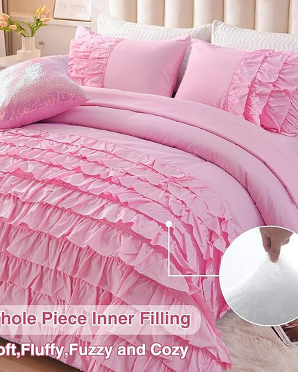 A Nice Night Waterfall Flutter Ruffle Comforter Set,Ruffled Textured Soft Chic Princess 6pcs Bedding Set,with Bling Shiny Sequin Throw Pillow Case,DarkPink,Twin - LeafyLoom