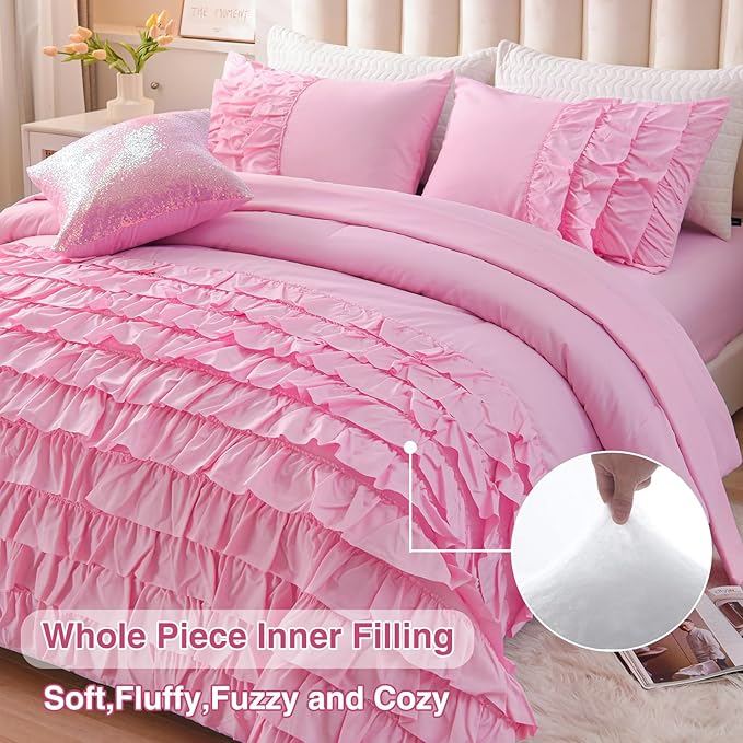 A Nice Night Waterfall Flutter Ruffle Comforter Set,Ruffled Textured Soft Chic Princess 6pcs Bedding Set,with Bling Shiny Sequin Throw Pillow Case,DarkPink,Twin - LeafyLoom