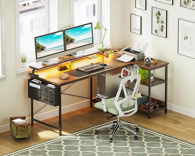 ODK 58 Inch Gaming Desk with USB Charging Ports and LED Lights, Reversible L Shaped Computer Desk with Storage Shelves & Monitor Stand, Corner Home Office Desk Table with Power Outlets, Vintage - LeafyLoom