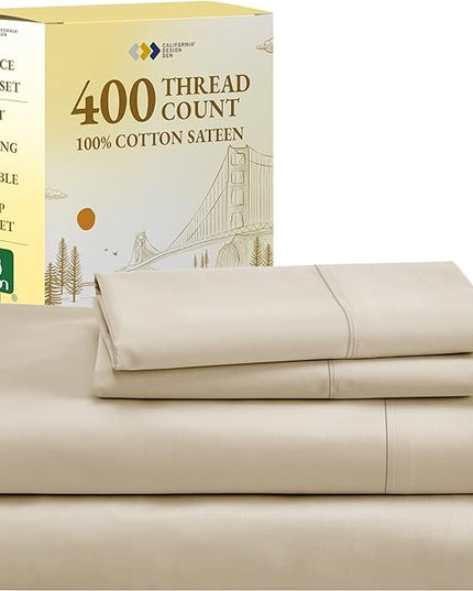 California Design Den King Size Sheets Set 400 Thread Count, 100% Cotton Sateen Sheet Set Beige - Soft, Breathable & Cooling, 4-Pc Deep Pocket Bed Sheets - Beige - LeafyLoom
