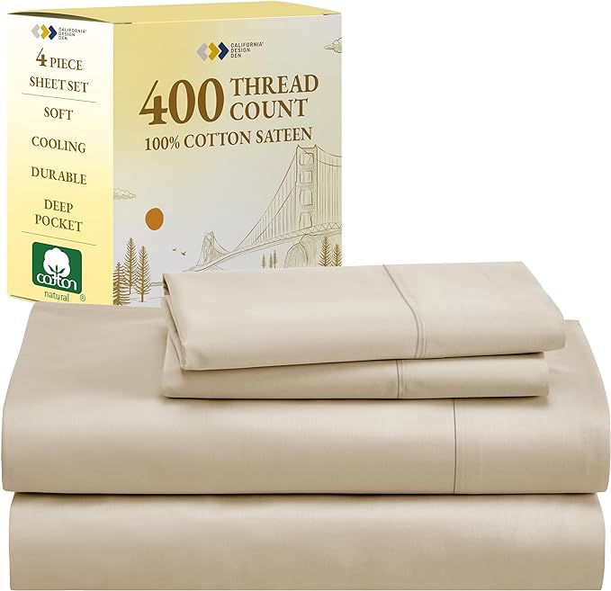 California Design Den King Size Sheets Set 400 Thread Count, 100% Cotton Sateen Sheet Set Beige - Soft, Breathable & Cooling, 4-Pc Deep Pocket Bed Sheets - Beige - LeafyLoom