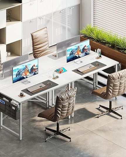 AODK 40 inch Small Computer Desk with Power Outlet for Small Spaces Home Office Student Laptop PC Writing Desks with Storage Bag Headphone Hook, White - LeafyLoom