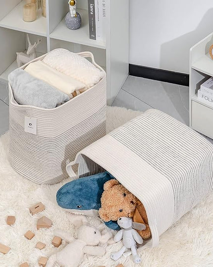 Cloth Large Blanket Basket,Storage Basket Bins Rectangle Small Woven Baskets for Storage, Nursery Cotton Rope Basket Living Room, Toy Basket For Organizing, Clothes Laundry Baskets set of 2 - LeafyLoom