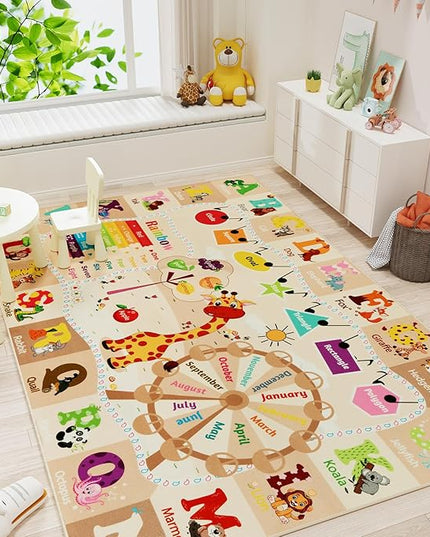Kids Playroom Rug 4x6 Beige Rugs for Girls Bedroom Child Play Mat Educational and Fun Baby Care Rugs,Learning Rug with ABC Alphabets Animals Shapes No-Slip Carpets for Children Toddler Washable - LeafyLoom
