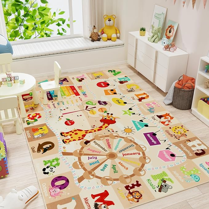 Kids Playroom Rug 4x6 Beige Rugs for Girls Bedroom Child Play Mat Educational and Fun Baby Care Rugs,Learning Rug with ABC Alphabets Animals Shapes No-Slip Carpets for Children Toddler Washable - LeafyLoom