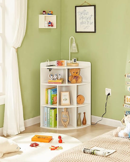 Vecelo Corner Cabinet with Charging Station, 3-Tier Cube Storage Organizer with USB Ports and Outlets, Triangle Bookcases with 8 Cubbies for Playroom, Bedroom, Living Room, Ivory White - LeafyLoom