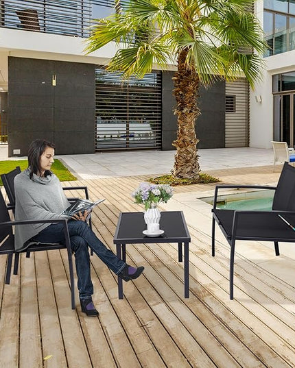 4 Pieces Patio Furniture Set Outdoor Garden Patio Conversation Sets Poolside Lawn Chairs with Tempered Glass Coffee Table Loveseat Porch Furniture Textilene Fabric Black - LeafyLoom