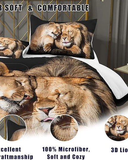 Bodhi Lover Couple Lion Comforter Set King Soft Microfiber Lion Bedding Set King Size Animal Comforter Set with Pillowcases,1 Comforter+2 Pillow Shams #4004 - LeafyLoom