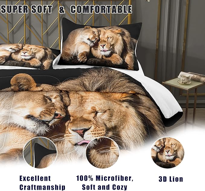 Bodhi Lover Couple Lion Comforter Set King Soft Microfiber Lion Bedding Set King Size Animal Comforter Set with Pillowcases,1 Comforter+2 Pillow Shams #4004 - LeafyLoom