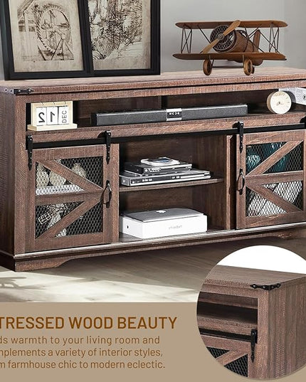 Zanzio 66" Farmhouse TV Stand for up to 75 inch TVs, Rustic Entertainment Center Media Console Table with Sliding Barn Doors Living Room Bedroom Wooden TV Cabinet (Distressed Brown) - LeafyLoom